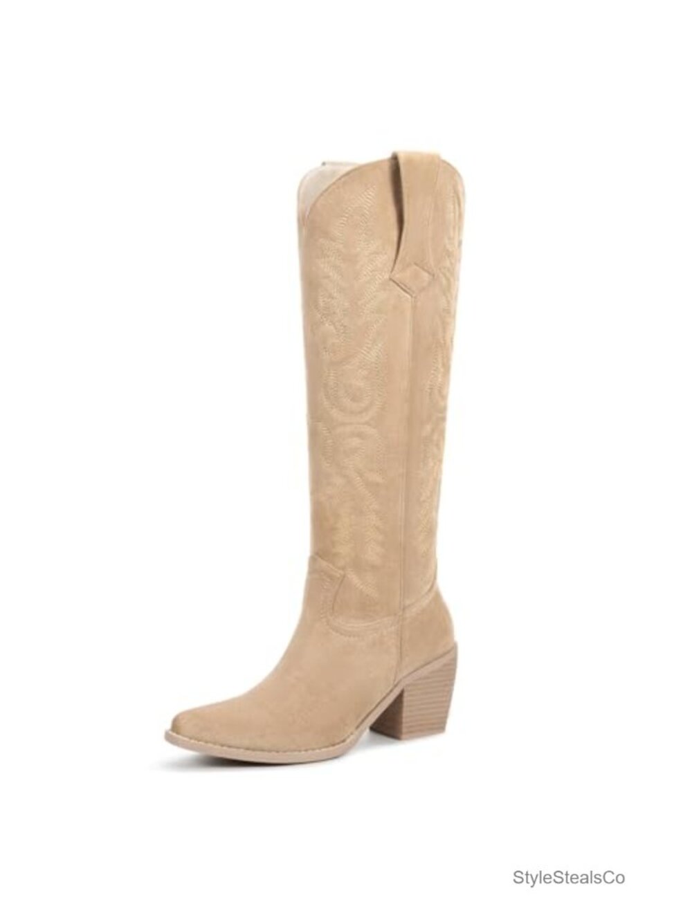 Faux Suede Pointed Toe Knee High Western Cowboy Boots
